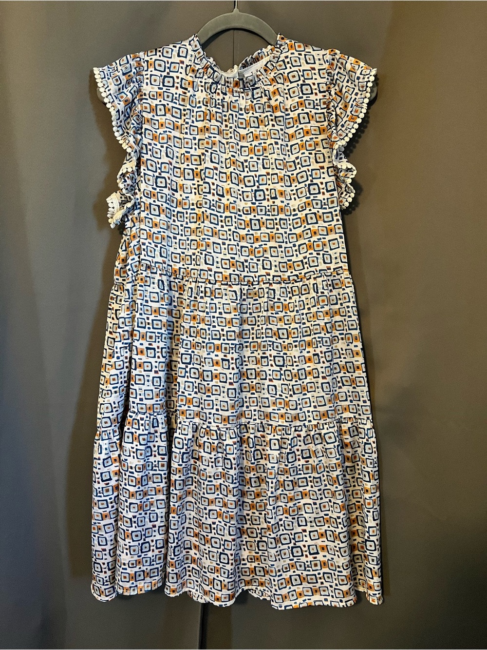 Amazon Blue and Cream Geometric Tiered Midi Dress
